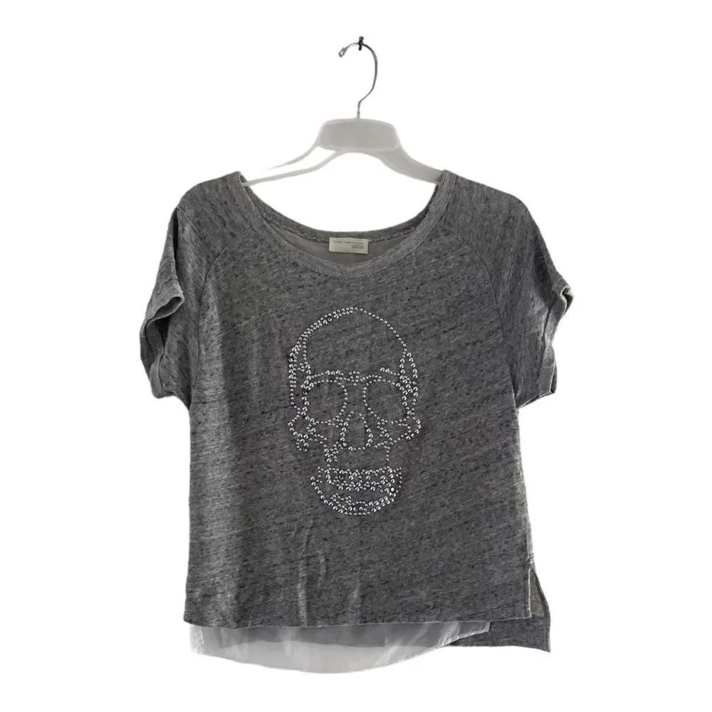 Zara T-Shirt Collection Skull Studded Graphic Tee Size Small Gray